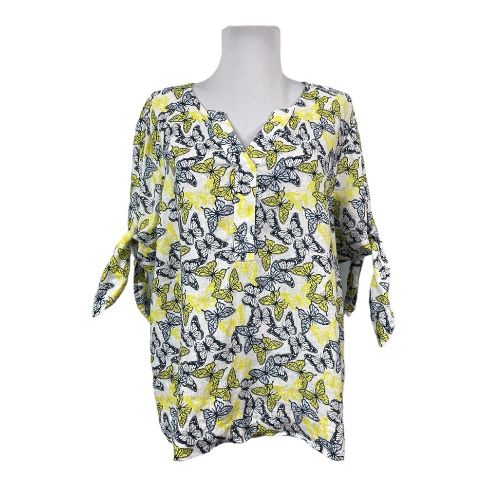 Charter Club NEW Women's Petite XL PXL Blouse Butterflies 100% Linen Tie Sleeves